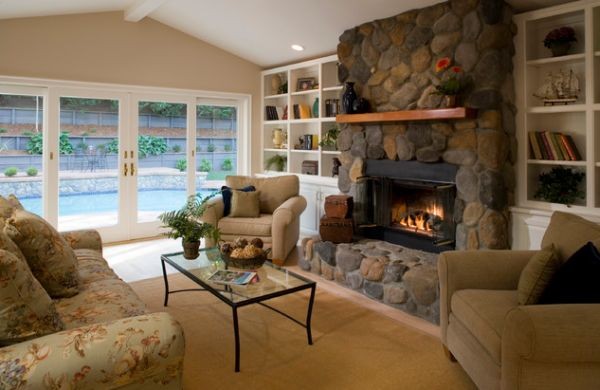 Living Room with Stone Fireplace