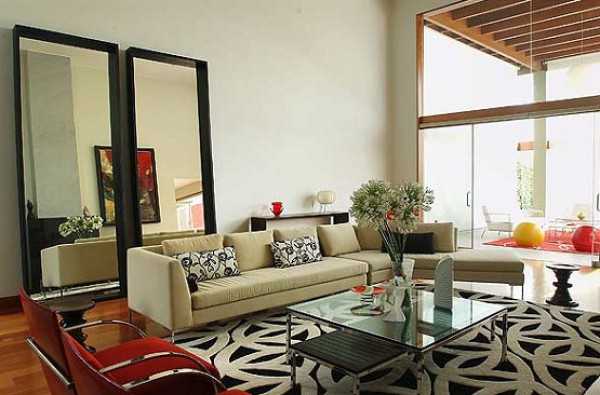 Contemporary Living Room with Decorative Mirros & Glass Top Coffee Table