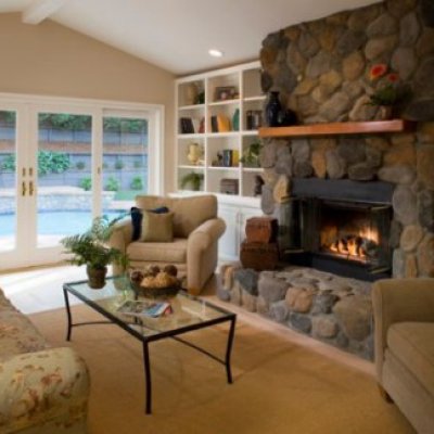 Living Room with Large Stone Fireplace