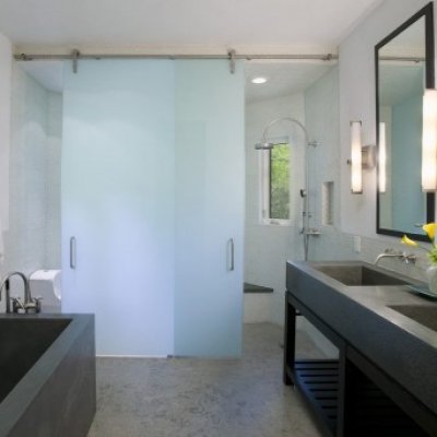 Sliding Barn Door Shower in Acid Etched Glass