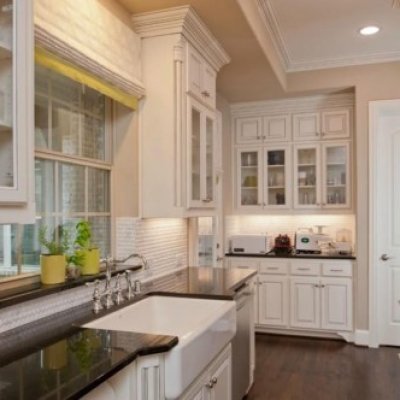 Farmhouse Kitchen with Glass Cabinets