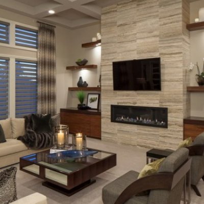 Living Room with Glass Topped Table & Fireplace