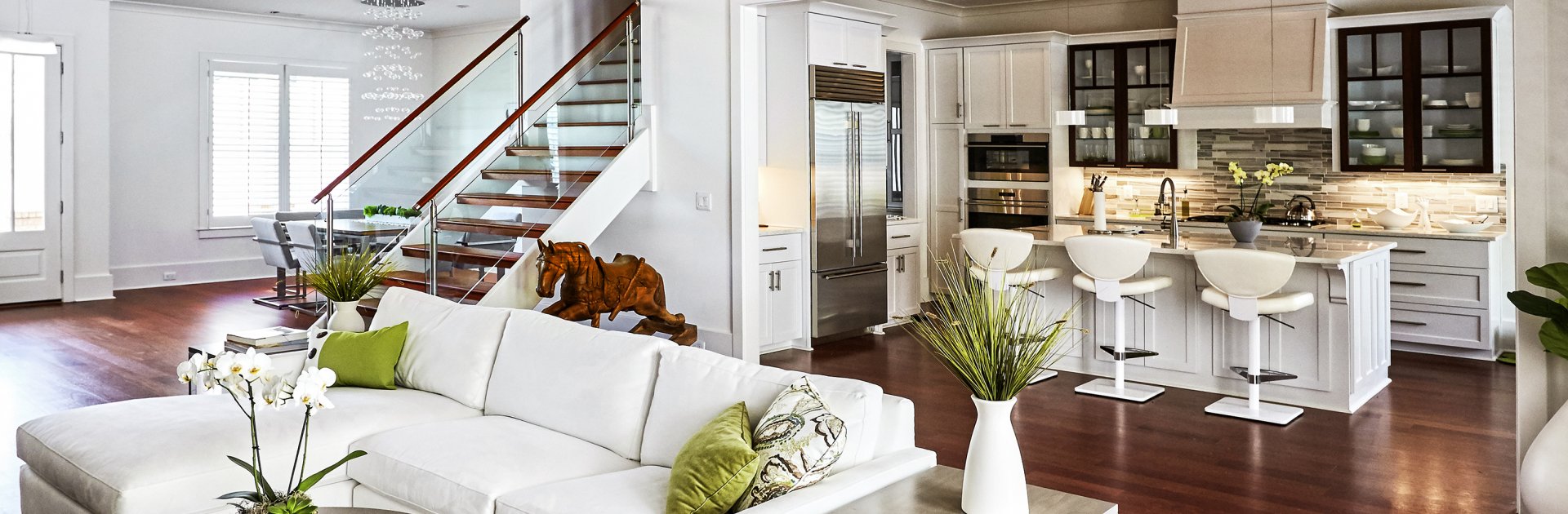 Kitchens Cabinets with Glass Inserts & Glass Stair Railing